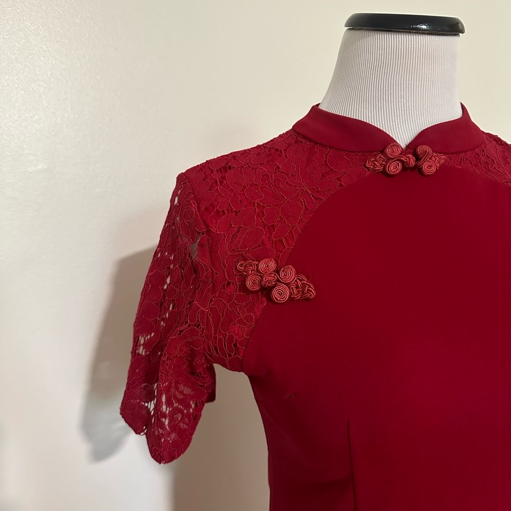 Vintage Mini Dress in Red And Lace embroidered florals formal cocktail dress - Picture 8 of 11